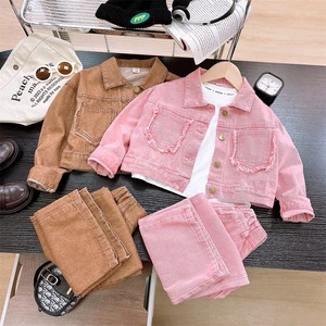 2026 New Spring And Summer Baby Girl Clothing Set Fashionable Denim Jacket With Wide-Leg Pants Two-Piece Set