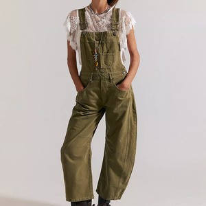 Women's Olive Green Denim Overalls Mid Waist Loose Fit Vintage Casual Wide Leg Bib Jumpsuit Solid Color Cotton Spring Dungarees