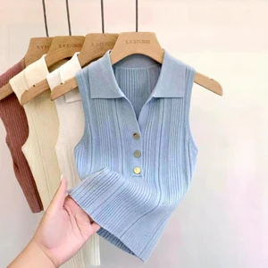 Summer New Knit Skin-friendly Korean-style commuter Sweet Style Short 3D Effect Petite-sized Camisole Vest Women Sleeveless
