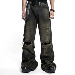 Custom Flare Straight Fit Baggy Leg Distressed Denim Jeans Men