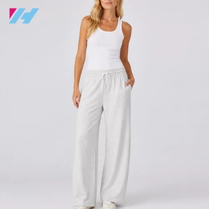 Women Grey Sweatpants Wide Leg Elastic Waist Drawstring Soft Knit Pants OEM Custom