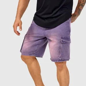 Men's Denim Cargo Shorts Low Waist Stonewashed Cotton Casual Bermuda Style Drawstring Closure Printed Pattern Eco-Friendly Quick