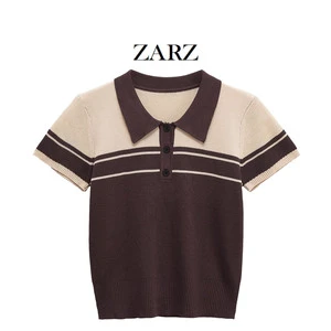 ZARZ Handmade European American Style Summer Womens Clothing Striped Ribbed Knit -Neck Short-Sleeve Top 4938102