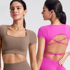 Round High Neck Women's Fitness Clothing Detachable Chest Cushion Back Hollow Out Outdoor Fitness Yoga T-shirt