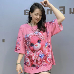 LFF-7133/Cartoon Bear Heavy Beaded Crew Neck Short-sleeved Korean Style Loose Fit Summer Printed Fashion Large Size Top Foreign