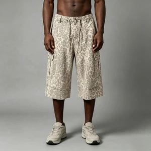Men's Vintage Leopard Cargo Capri Pants Elastic Drawstring Waist Multi Pocket Loose Wide Leg For Casual Outdoor Daily Wear