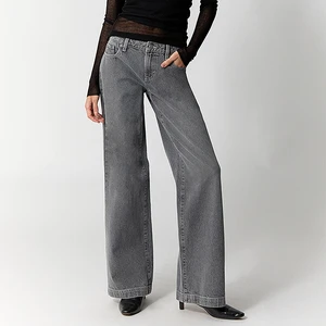 Women's Dark Grey Denim Jeans Low Waist Straight Leg High Quality Cotton Denim Full Length Jeans for Women