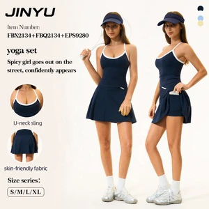 JINYU Women's Yoga Set Halter U-neck And Sport Skirts 3-piece Activewear Tummy Control Butt Lifter Athletic Sports Outfit Set