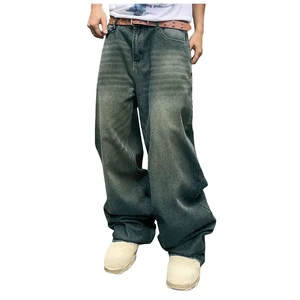 High Quality Baggy Straight Distressed Wash Mid Support Knitted Denim Pant for Men Oversize Jeans Plus Size OEM ODM High Street