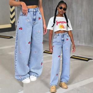 Top Trending 8-12Y Tween Girls Blue Denim Jeans Cherry Bow Embroidery Loose Straight Leg Daily Wear Factory Direct Supply
