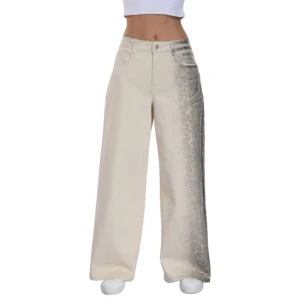 Women Embossed Leopard jeans Wide Leg Stretch Denim Jeans Washed Fashion Trousers for women