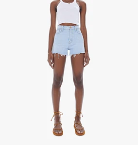 Light Blue Wash Relaxed High Rise Jeans Shorts Button Fly Frayed Hem Ripped Women Jeans Denim Shorts