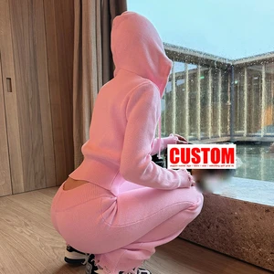 Custom Women Pink 2 Piece Set Knit Zip Hoodies Crop Tracksuits Bodysuit Knit Pants Form-fitting Tracksuit Pants Sets