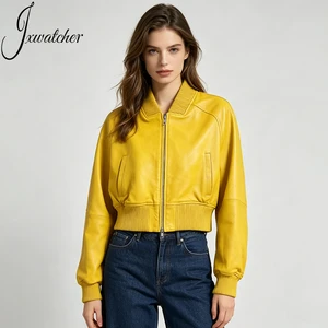 Jxwatcher Warm Soft Custom Logo Women Genuine Sheepskin Baseball Bomber Jacket Short Spring Autumn Fashion Youth Leather Jackets