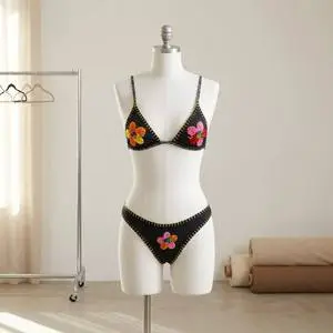 Manufacturers Custom Design Logo Women's High Quality Crochet Swimwear Beachwear Luxury Beaded Flower Bikini Brazilian Swimsuit
