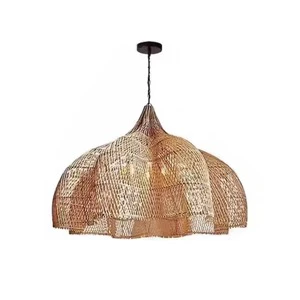 Wabi-Sabi Adjustable Height LED Rattan Bamboo Pendant Lights Middle Size Retro Decor Lamps Warm White for Restaurant Booths Tea