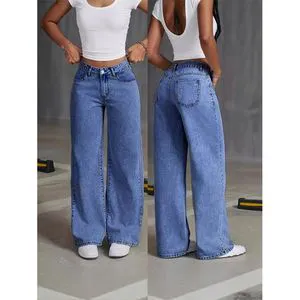 Women's Elastic Low Waist Loose Straight Full Length Soft Jeans