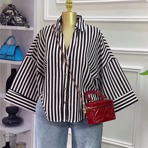 European and American Women's Clothing 2026 Summer New Fashion Loose Sweet Design Striped Collared Shirt Top