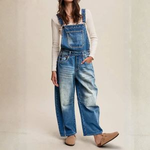 2026 New Women Vintage Washed Denim Overalls Cross Back Strap Loose Wide Leg Jumpsuit With Multi Pockets