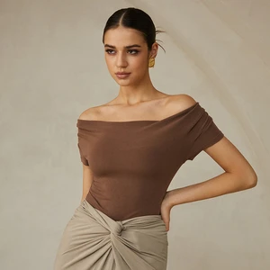 Customized Women's Sustainable Bamboo Viscose Off-Shoulder Pleated T-Shirt With Brand Tags & Printings Manufacturer & Supplier