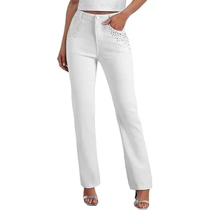 Viral White Women's Straight Leg Denim Jeans with Breathable Sexy Design High Waist Pearl Pocket Accents for Summer Outdoor Wear