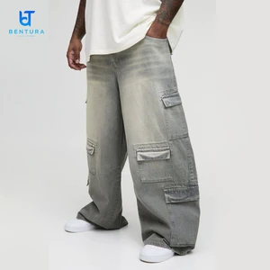 OEM Custom Men's Casual High Quality Multi-pocket Washed Wide-leg Jeans Plus Size Denim Pants Baggy Jeans
