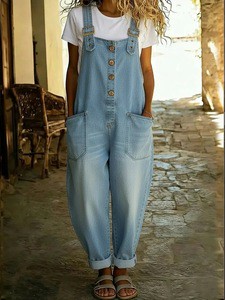 European American Vintage Fashion Distressed Regular Fit Women's Casual Knitted Denim Overalls Jumpsuit High Waist Holiday
