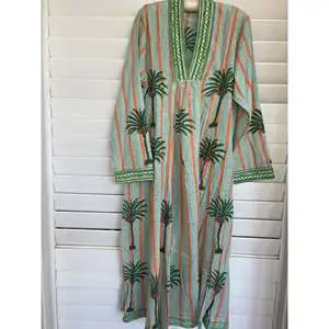 Sunset Moroccan Beach Kaftan Stylish Swimsuit Cover Ups for Women Loose Fit Printed Long Sleeve V-neck Khadi Cotton Contrast