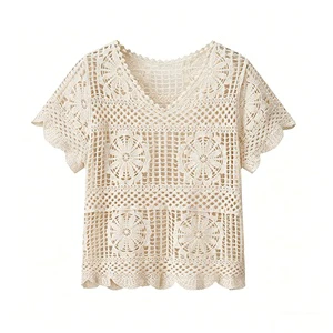 Women's Beige Floral Crochet Hollow Out Knit Top, V-Neck Short Sleeve Summer Casual Blouse