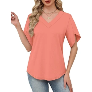 Women's V-Neck Ribbed Blouse Loose Fit Split Short Sleeve Curved Hem Casual Summer Tunic Top for Office Daily Wear