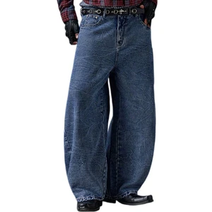 Men's Plus Size Oversized Vintage Textured Denim Jeans Mid Waist Wide Leg Casual Streetwear Medium Fit