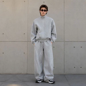 High Quality Stitched Line Oversized Zip Up Sweatshirt Wide Leg Pants Casual Street Sportswear Men's Two Piece Tracksuit Set