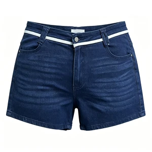 2026 Plus Size White Trim Waistband Denim Shorts Women Dark Wash Stretch Summer Jean Shorts