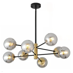 8-Light Glass Chandelier with Smoke Gray Lampshade Mid Century Pendant Lighting Vintage Ceiling Light Fixture