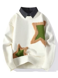 Custom Men's Two-fake items Collar Knit Fluffy Star Patch Drop Shoulder Long Sleeve Street Daily Campus Pullover Sweater