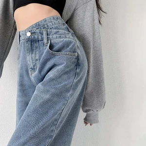 Wholesale New Fashion Women Denim Jeans Slant Waist Button Wide Leg Straight Retro Trousers Pants Street Girls Casual Jeans