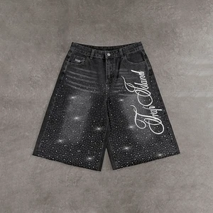 Custom Supplier OEM Mens Rhinestone Embroidered Jorts Script Letter Denim Shorts Loose Fit Streetwear