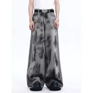 Plus Size Men Vintage Gothic Stonewashed Wide Leg Denim Jeans Loose Fit Waterproof Breathable 100% Cotton Spring Winter