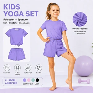 Zhengpai Kids Yoga Apparel Custom Accepted Workout Set Soft Polyester Spandex Short Sleeve Top Shorts For Girls Yoga Fitness
