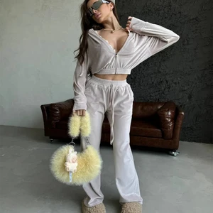 Custom Women's Casual Velour Tracksuit for Women Cropped Track Suits Velour Tracksuit with Diamond