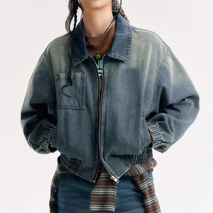 LARSUR Custom Factory Distress Wash Bomber Denim Jacket Zipper Casual Cropped Jeans Jacket and Coat for Women