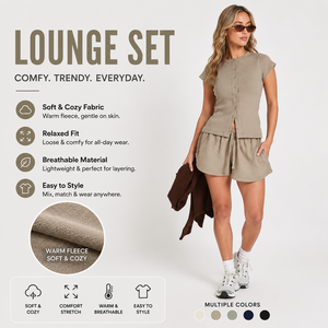 Women Button Front Short Sleeve Ribbed Top Elastic Waist Shorts Lounge Set Soft Fleece Casual Two Piece Matching Tracksuits