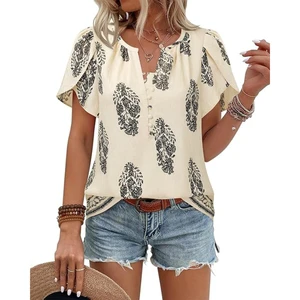 Women Summer Tops Boho Short Sleeve Business Casual Blouses Button Down Floral Shirts Fashion Beach Holiday