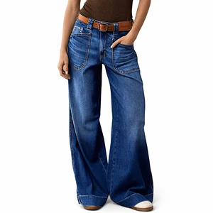 European American Women's Slimming Breathable Casual Mid Waist Straight Washed Denim Pants For Winter & Summer