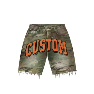 Custom High Street Fashion Men's Jean Shorts Elastic Waist Breathable Distressed Denim Camo Shorts for Summer Featuring Mid Logo