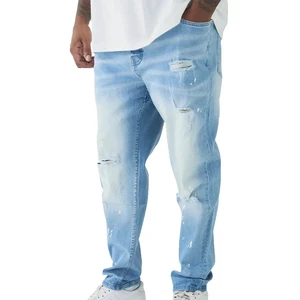 Custom Men's Plus Size Oversized Baggy Sun Fade Washed Distressed Denim Jeans Patch Straight Loose Fit Wide Leg Street Style