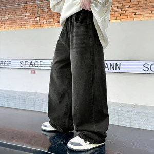 Retro Tween Boys Black Washed Jeans Elastic Waist Wide Leg Denim Pants Fashion Street Style Trousers With Pockets Personalized