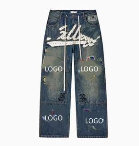 High Quality Men's Patchwork Jeans Embroidered Patches Denim Pants Valley Text Streetwear Hip Hop Baggy Jean Pants For Men