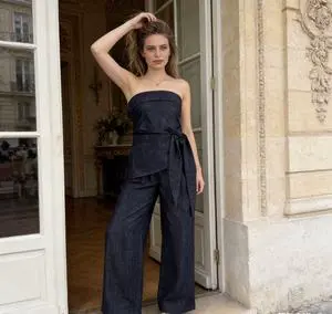 2026 Summer Casual Eco-Friendly French Navy Blue Strapless Cowboy Denim Two-Piece Set for Women with High Waist Wide Leg Pants