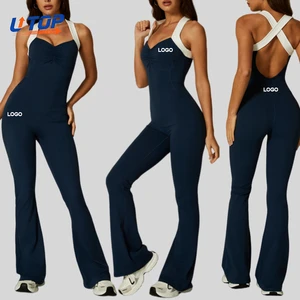 Custom Logo High Quality Flared Pants Sports Yoga Jumpsuits Plain Breathable Gym Workout Training Fitness Bodysuits for Women